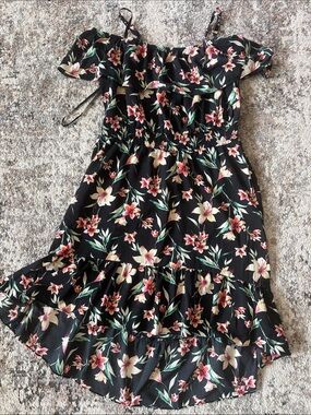 Iz Byer Black Floral Ruffle Midi Dress with Straps